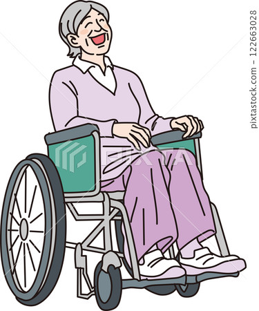 Nursing care illustration _ Smiling elderly woman in a wheelchair _ Color Nursing care illustration _ Smiling elderly woman in a wheelchair _ Color 122663028