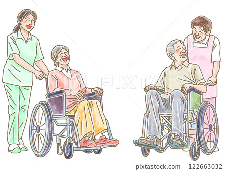 Caregiver and elderly people in wheelchairs_Men and women_Handwritten style Caregiver and elderly people in wheelchairs_Men and women_Handwritten style 122663032