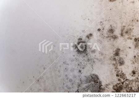 A close-up of a white wall affected by black spots of fungus. Wet and damp wall with black spots of fungus 122663217