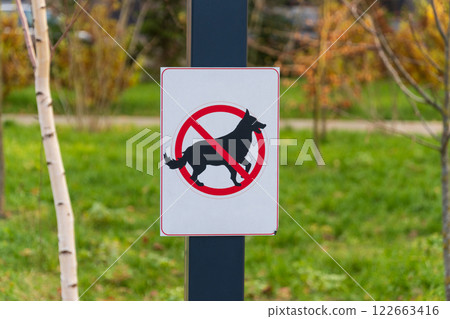 A clear prohibition sign forbids dogs in the park to prevent excrement and maintain hygiene for all visitors enjoying nature A clear prohibition sign forbids dogs in the park to prevent excrement and maintain hygiene for all visitors enjoying nature 122663416