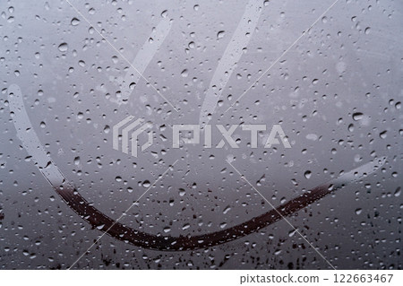 Cheerful smiley face etched on a foggy glass, surrounded by glistening raindrops. Nature's beauty brings moments of joy during rain Cheerful smiley face etched on a foggy glass, surrounded by glistening raindrops. Nature's beauty brings moments of joy during rain 122663467