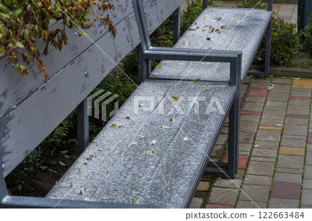 A tranquil winter bench, dusted with fresh snow, offers a peaceful spot among greenery and paving stones; nature's elegance on a cold day 122663484