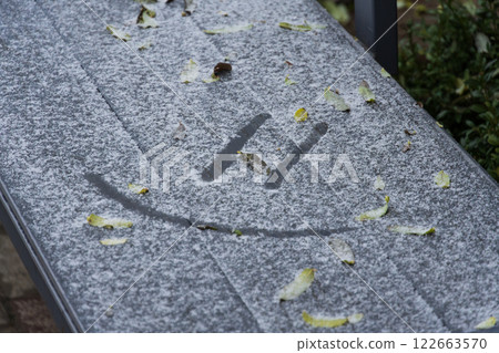 A bench blanketed in snow shows a smiley drawn in frost, surrounded by scattered leaves, capturing a serene winter moment in nature 122663570