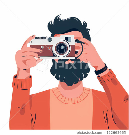 Stylish man with a beard holds a vintage camera up to his eye, ready to capture a photo. Illustration 122663665