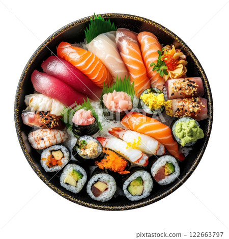 Majestic Assortment of Delectable Sushi Delights on Elegant Platter 122663797