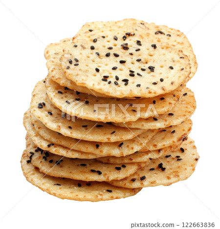Pile of Crisp and Crunchy Japanese Senbei Rice Crackers Displayed on White Background 122663836