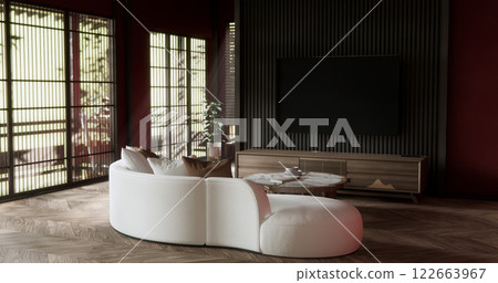 scene red sofa on valentines living room japanese traditional style. scene red sofa on valentines living room japanese traditional style. 122663967