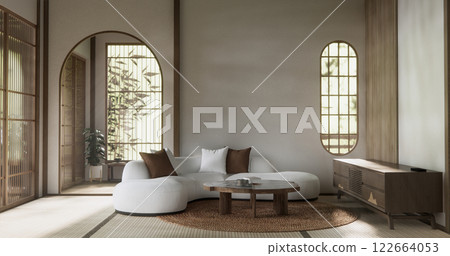 Scene mockup Modern japan sofa armchair minimalist design muji style.3D 122664053