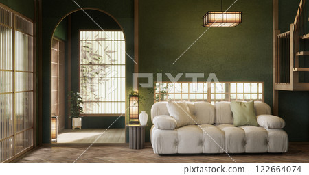 Green Modern room interior wabisabi style and sofa and decoration japanese. Green Modern room interior wabisabi style and sofa and decoration japanese. 122664074