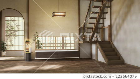 Stairs wooden in modern room with white wall with wood wall design. Stairs wooden in modern room with white wall with wood wall design. 122664079