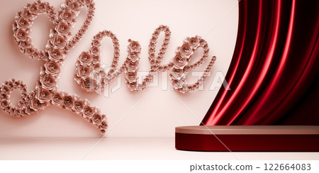 Red and mocha valentine style stand product podium display with blank backdrops. 122664083