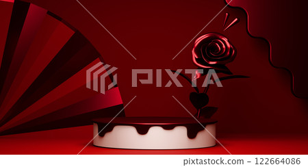Red and mocha valentine style stand product podium display with blank backdrops. 122664086