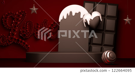 Red and mocha valentine style stand product podium display with blank backdrops. 122664095