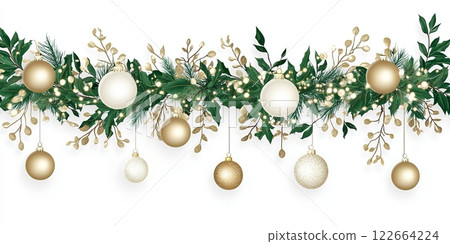 Festive holiday garland adorned with gold ornaments and evergreen branches illuminated by warm lights 122664224
