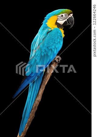 Vibrant macaw parrot showcasing brilliant royal blue, teal, and golden-yellow feathers while perched on a branch in a lush tropical setting 122664246