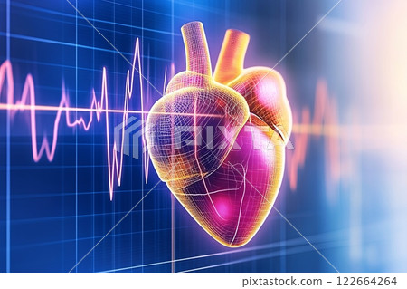 Futuristic digital heart design with ECG lines highlighting advanced heart monitoring technology 122664264
