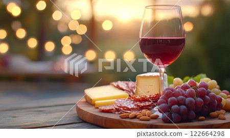 Enjoying red wine with a charcuterie board of cheese, grapes, and nuts on a cozy wooden table at sunset 122664298