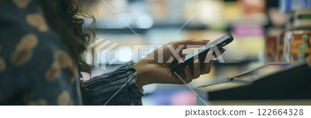 woman paying with her phone, banner, generative AI 122664328
