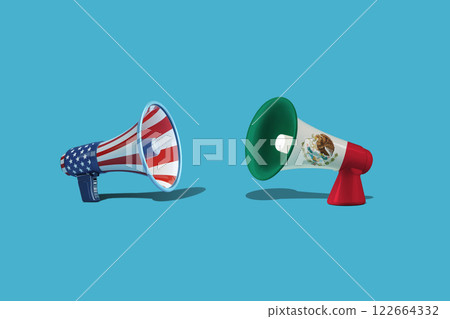 megaphones with US - mexican flags, generative AI 122664332