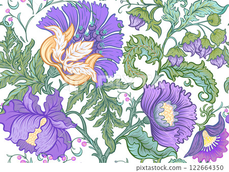 Fantasy flowers in retro, vintage, jacobean embroidery style. 122664350