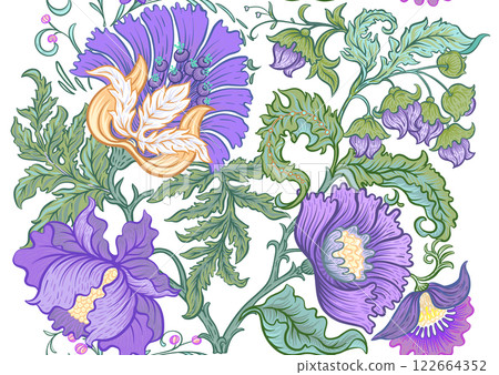 Fantasy flowers in retro, vintage, jacobean embroidery style. Fantasy flowers in retro, vintage, jacobean embroidery style. 122664352