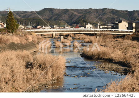 A riverbed covered with dead grass, a bleak winter scene 122664423