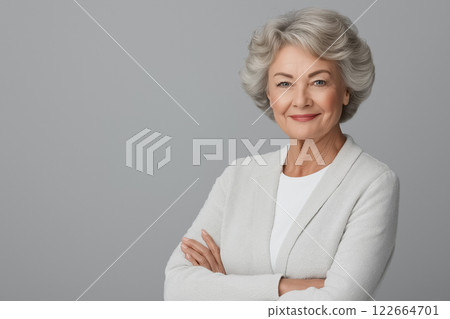 A studio portrait of an elderly woman showing curiosity, leaning forward slightly and smiling 122664701