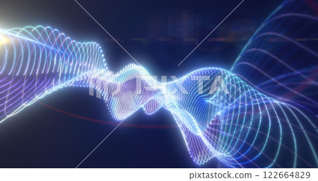 Beautiful pink and purple glowing waveforms against a dark background, representing light, sound, and data movement 122664829