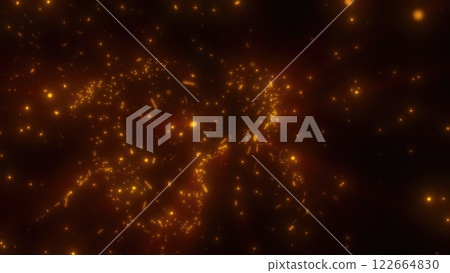 A dark, glowing cosmic-inspired backdrop featuring orange light sparks and a dreamy, swirling mist-like effect background 122664830