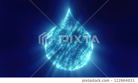 Abstract glowing blue digital water droplet made of flowing light particles on a dark background, symbolizing technology and sustainability 122664831