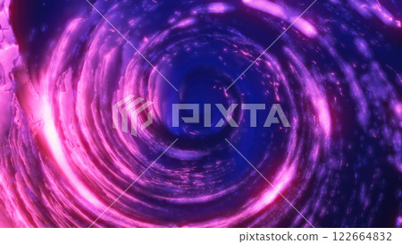 Vivid neon swirl of pink and purple lights forming a vortex in deep space, conveying energy and cosmic motion. Perfect for futuristic and science fiction concepts 122664832