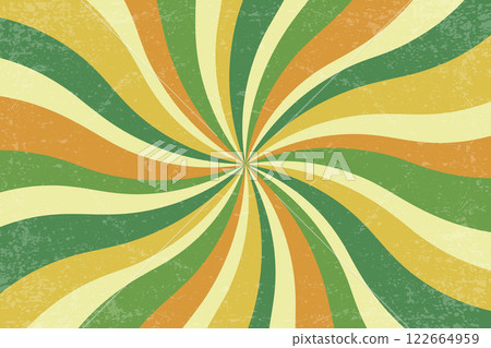 Retro spiral vector background. Groovy swirl vintage radial sunburst. Psychedelic abstract green wavy textured stripes. 70s funky poster. Hypnotic circular illustration 122664959
