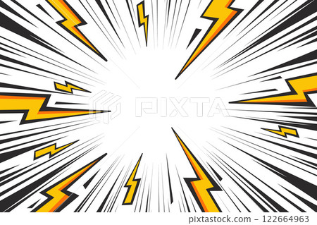 Comic cartoon background with lightning burst effect. Vector manga graphic with thunder power and abstract light effect. Energy explosion frame. Radial perspective monochrome motion lines. 122664963