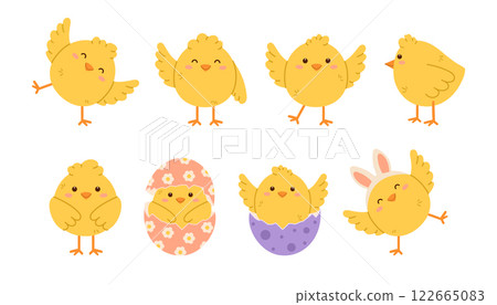 Cute chicken set. Childish chick print for nursery, poster and postcard. Flat isolated vector illustration 122665083