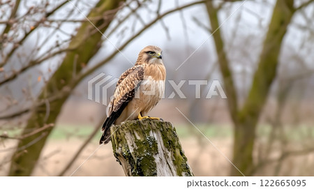 Majestic Hawk Perched on a Mossy Tree Stump in the Forest 122665095