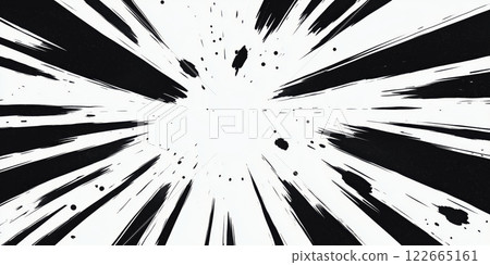 Explosive black and white comic style burst with dynamic lines and splatters 122665161