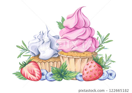 Watercolor composition of two cupcakes: one with pink frosting and the other with white frosting. Decorated with fresh strawberries, blueberries, mint leaves and rosemary sprigs Watercolor composition of two cupcakes: one with pink frosting and the other with white frosting. Decorated with fresh strawberries, blueberries, mint leaves and rosemary sprigs 122665182