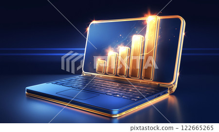 Illustration of a computer and a rising stock graph 122665265