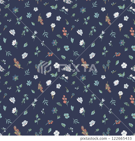 Lovely hand-drawn colorful flowers in a seamless pattern, featuring a cute floral design that is great for textiles, wallpapers, and wrapping. Diverse small flowers in a Liberty pattern. 122665433