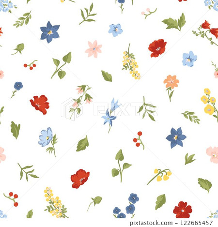 Lovely hand-drawn colorful flowers in a seamless pattern, featuring a cute floral design that is great for textiles, wallpapers, and wrapping. Diverse small flowers in a Liberty pattern. 122665457