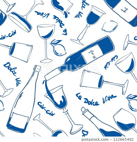 Naive drawing pattern with bottles in Dolce Vita aesthetic. Hand-drawn chalk wine illustrations. A collection of whimsical doodle line art. Vintage ink elements for menus and posters Naive drawing pattern with bottles in Dolce Vita aesthetic. Hand-drawn chalk wine illustrations. A collection of whimsical doodle line art. Vintage ink elements for menus and posters 122665492