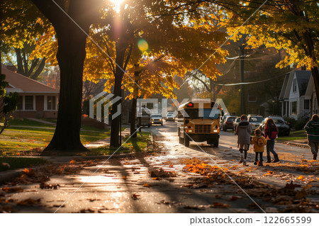 Children walking toward a school bus on a suburban street surrounded by autumn trees with golden leaves and warm morning sunlight 122665599