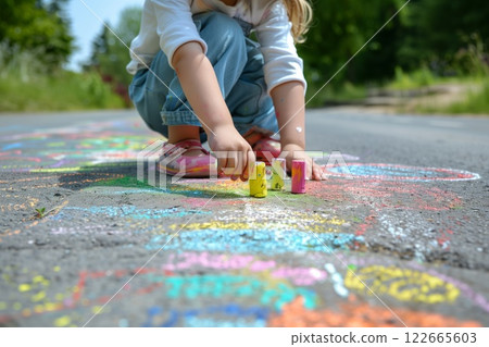 A child drawing with colorful chalk on the pavement, creating vibrant artwork outdoors on a sunny day, surrounded by nature A child drawing with colorful chalk on the pavement, creating vibrant artwork outdoors on a sunny day, surrounded by nature 122665603