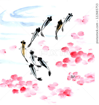 使用水墨畫技術繪製的青鱂和櫻花花瓣 使用水墨畫技術繪製的青鱂和櫻花花瓣 122665753