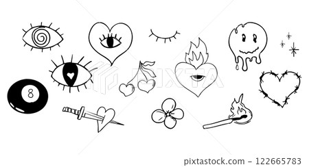 Psychedelic doodle heart barbed wire, with fire nd eye, graffiti groovy set. Retro tattoo grunge lucky ball, disko ball. Street sketch skull and fire vintage aesthetic. Psychedelic doodle heart barbed wire, with fire nd eye, graffiti groovy set. Retro tattoo grunge lucky ball, disko ball. Street sketch skull and fire vintage aesthetic. 122665783
