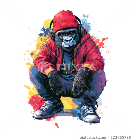 A stylish gorilla in a red hoodie, beanie, and headphones squats confidently against a colorful splash background. Urban, hip-hop, street-style artwork A stylish gorilla in a red hoodie, beanie, and headphones squats confidently against a colorful splash background. Urban, hip-hop, street-style artwork 122665788
