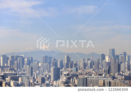 從船堀塔俯瞰市中心的建築、東京鐵塔和富士山 122666309