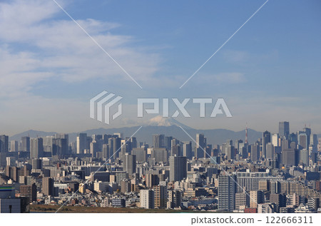 從船堀塔俯瞰市中心的建築、東京鐵塔和富士山 122666311