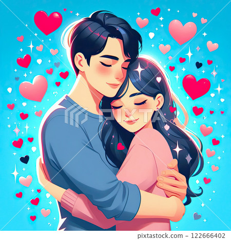Illustration of a loving couple of a guy and a girl. A guy hugs a girl against the background of flying shiny red and pink hearts 122666402