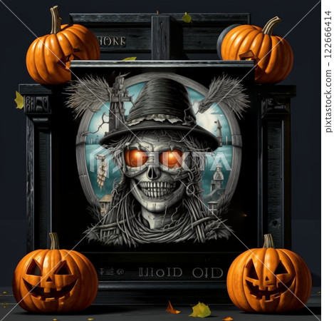 Portrait of a skeleton with pumpkins. Halloween. A sinewy skull with exposed teeth, orange eye sockets and around a pumpkin. Portrait of a skeleton with pumpkins. Halloween. A sinewy skull with exposed teeth, orange eye sockets and around a pumpkin. 122666414